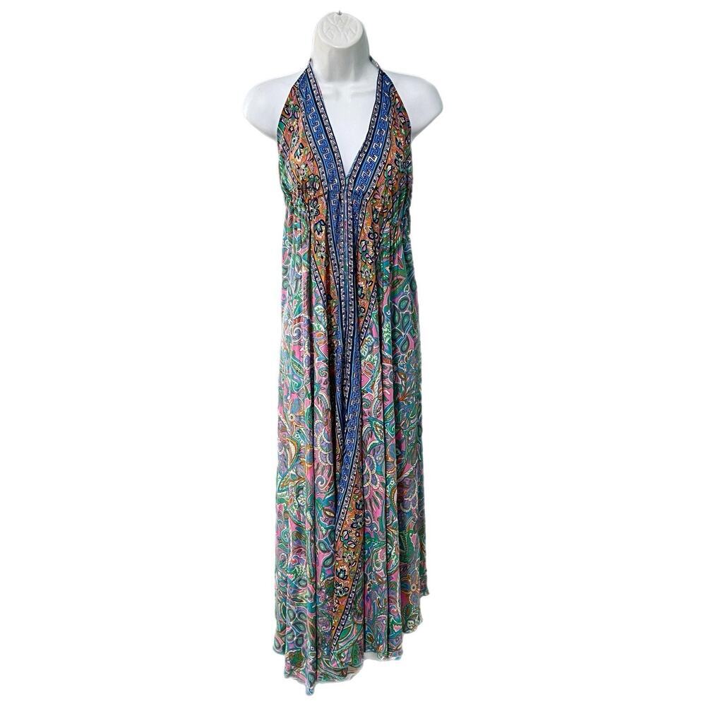 Bigg Bull by Cam Women S/M Silk Blend Paisley Floral Maxi Dress Open Back Boho